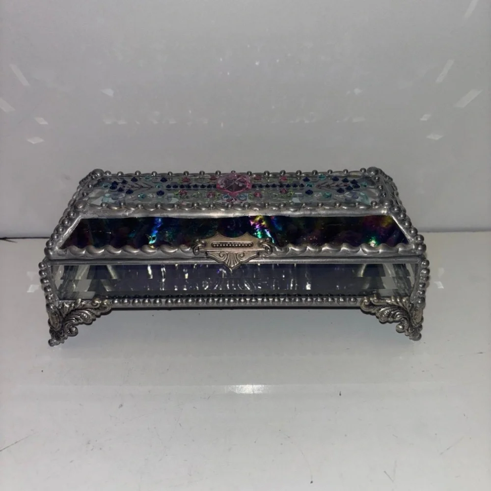 Jewel Encrusted Treasure Jewelry Box, Stained Glass, Desk Accessory, Trinket Box